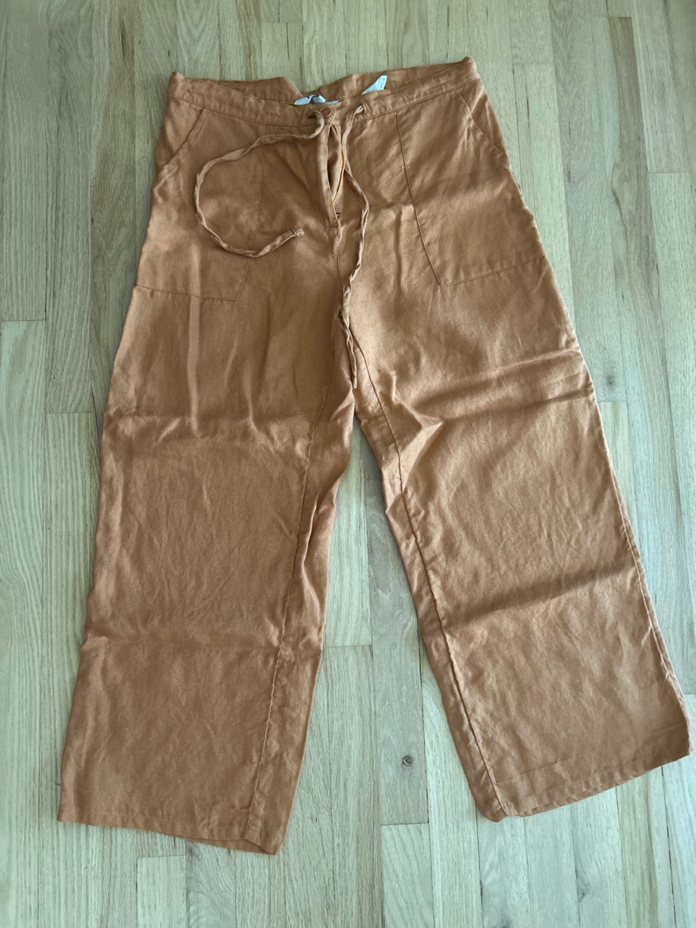 Linen mustard yellow khaki wide leg pull on trouser pants fabindia size 32